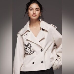 By Anthropologie Oversized Cropped Cream Trench Coat with Black Embroidery in XS